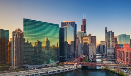 Aerial view of Chicago skyline at dawn